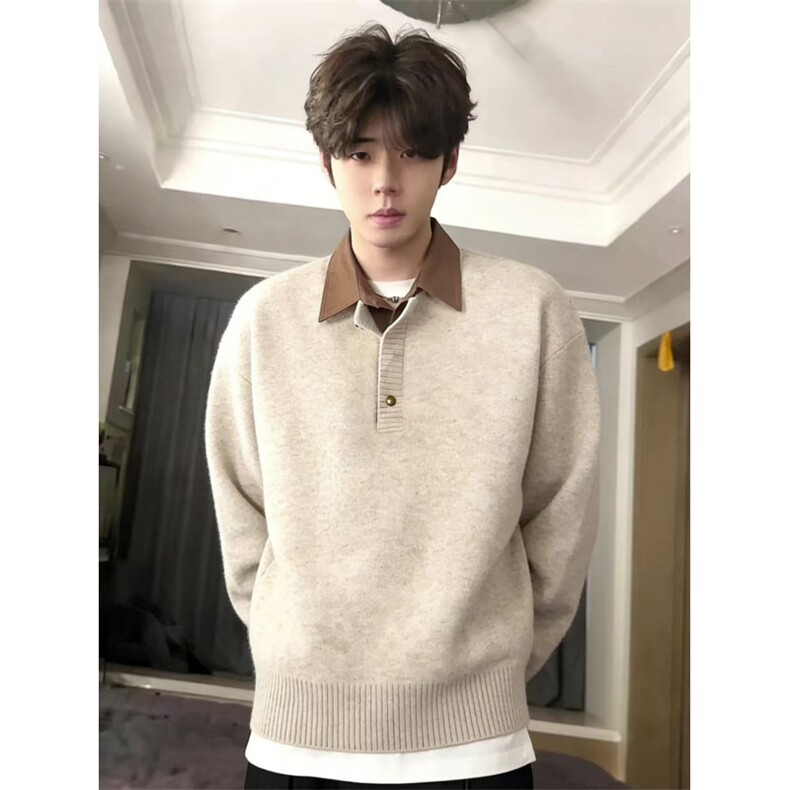 美式复古假两件毛衣卡其拼接翻领针织衫老钱风内搭打底衫JL07P75，男装T恤，电商D256A(原A064A)