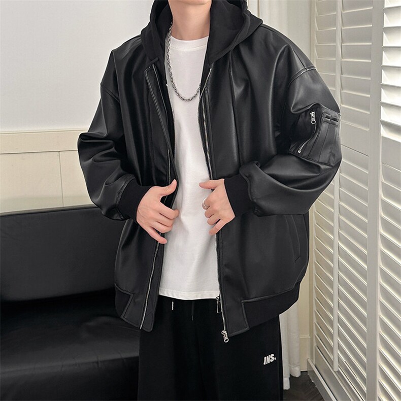 2025春秋新款现货假两件连帽皮衣外套宽松皮夹克A354-AP2467-p135，男装皮衣，电商A351