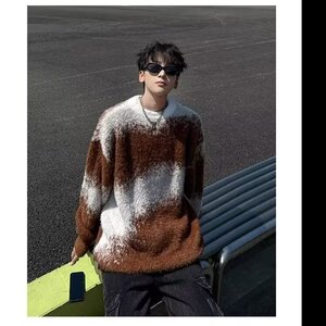 2025秋冬美式复古撞色慵懒风毛衣男款冬季宽松针织衫加厚保暖外套图片