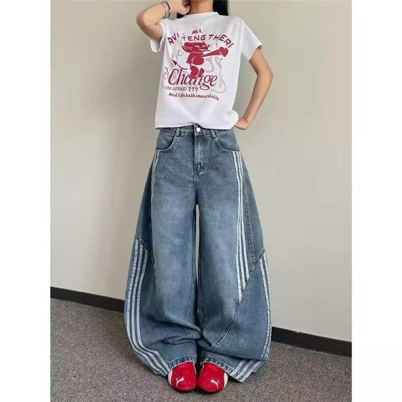 美式复古三条杠解构弯刀牛仔裤男女春秋拼接设计感镰刀阔腿长裤子,女装休闲裤,星座1210-1