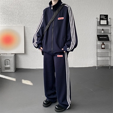 8XL-M条纹撞色开衫新年红卫衣运动套装潮牌运动服校园风TZ114P118，男装休闲套装，电商D206-1