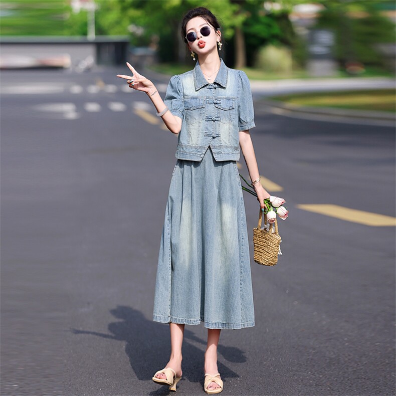 浪漫自由风~牛仔套装女2025气质时尚简约大方复古高腰A字两件套裙,女装套装/套裙,意芙