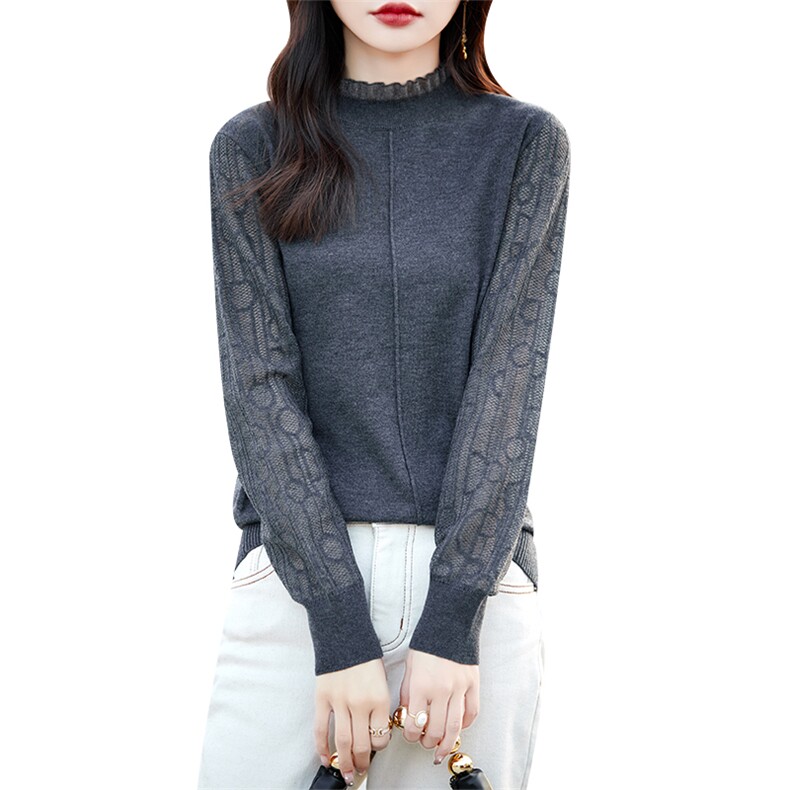 春秋精纺圆领羊毛衫女蕾丝边套头针织打底衫镂空薄款上衣韩版百搭,女装羊毛衫,总能电商供货