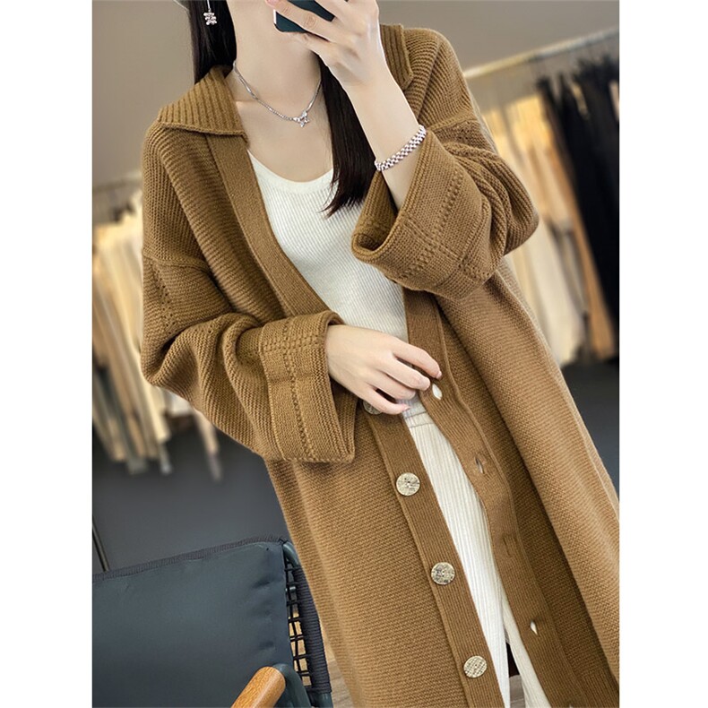 中长款100%纯羊毛开衫女24秋冬翻领加厚宽松毛衣慵懒羊绒针织外套,女装羊毛衫,琳华羊绒