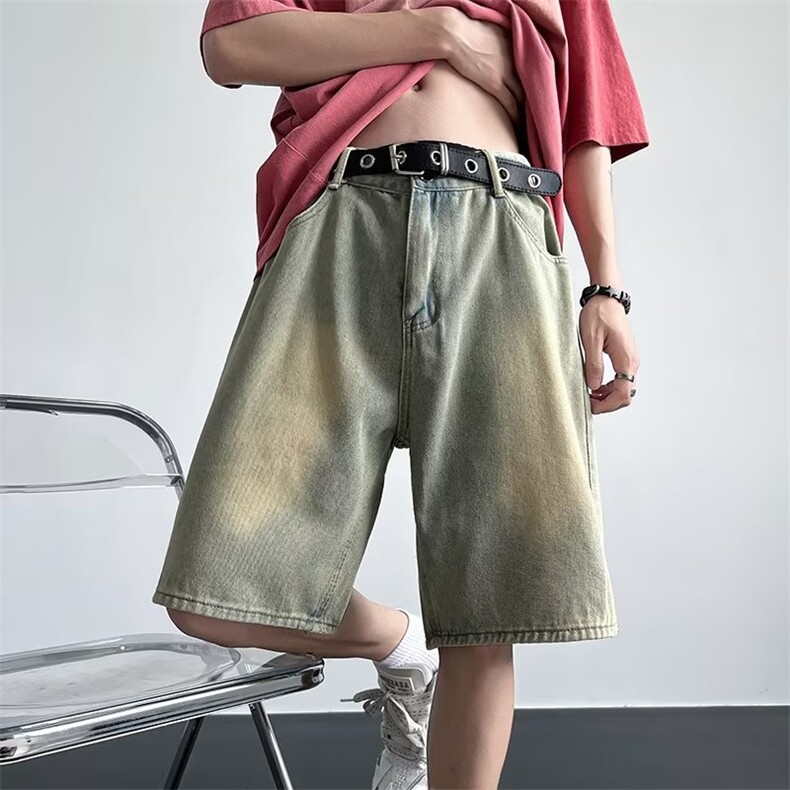 牛仔短裤男泥黄色复古宽松休闲五分裤夏季新款中裤子D5796-P38,男装牛仔裤,星座1008
