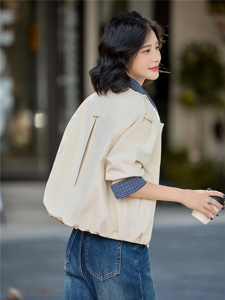 2026年秋季日韩休闲格子拼接翻领单排扣风衣女装外套,女装风衣,微微衣阁