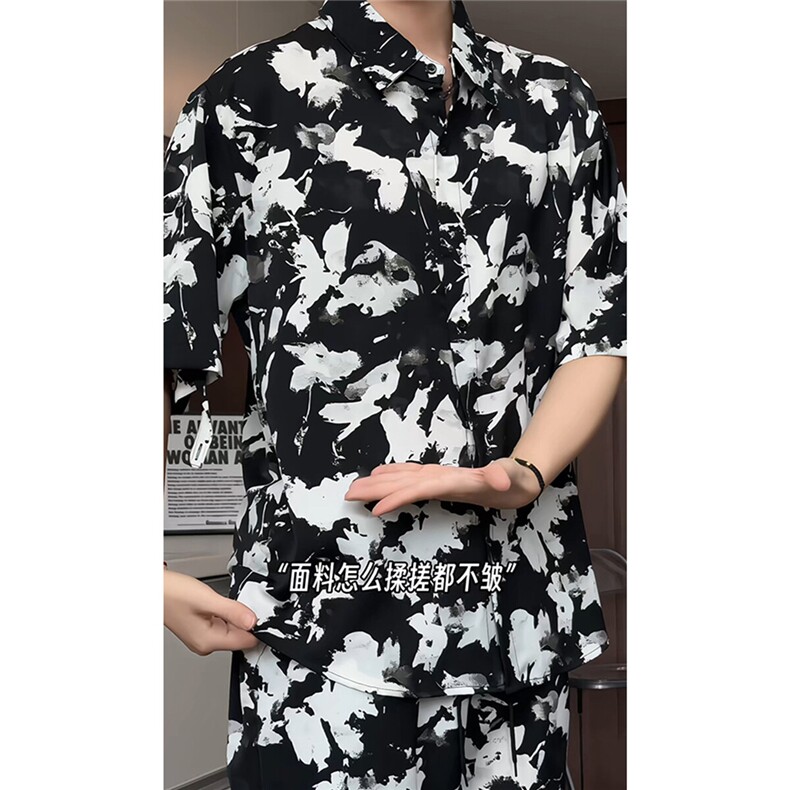泼墨扎染短裤男短袖衬衫男套装男M-5XL大码TZ78715P50控98模特图图片