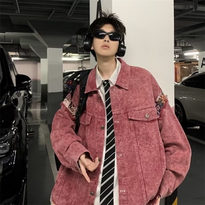 美式复古甜酷脏粉色水洗拼接牛仔外套男女古着情侣棒球服 J2054图片