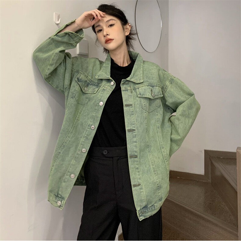 NZ069-90 韩系ins绿色水洗牛仔外套女原宿风宽松bf夹克上衣潮图片
