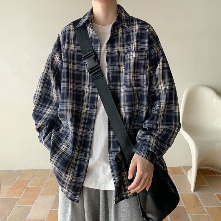 现货复古格子衬衫男士长袖春秋季宽松休闲高级感男生衬衣外套CS26,男装衬衫,星座302B-2