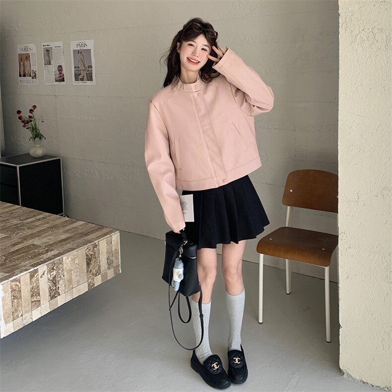 粉色短款PU皮衣夹克外套女2025春秋季新款韩版流行显瘦机车服上衣,女装皮衣,2C198
