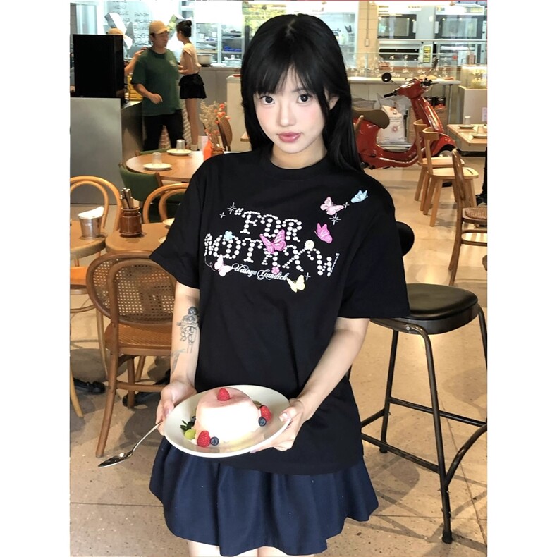 WASSUPSUN美式复古蝴蝶印花短袖t恤女夏季宽松设计感情侣男上衣,男装T恤,星座506A