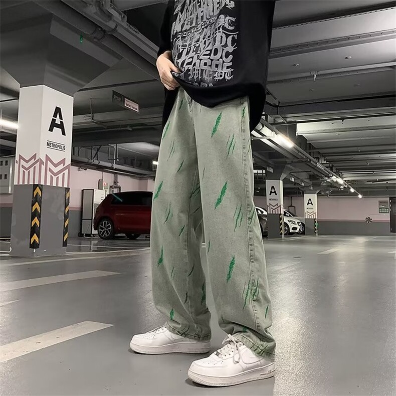 高街复古水洗扎染宽松直筒牛仔裤刺绣N741P45图片