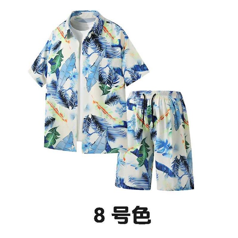 夏季青年花色印花衬衫套装男士多色宽松短裤套装TZ008-P45,男装衬衫,电商A128