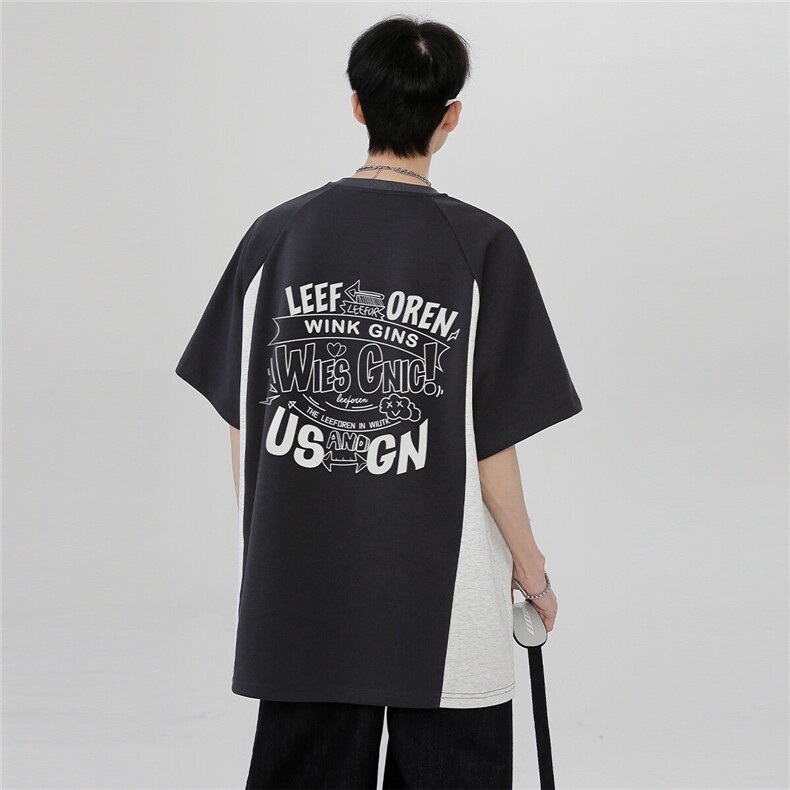 2026新款美式复古潮牌前后印花撞色日系夏季拼接短袖T168-P38图片