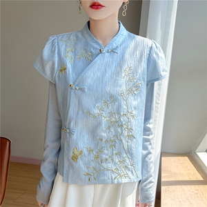 新中式国风缎面真丝短袖马甲女盘扣立领刺绣竹子衬衫气质坎肩上衣图片