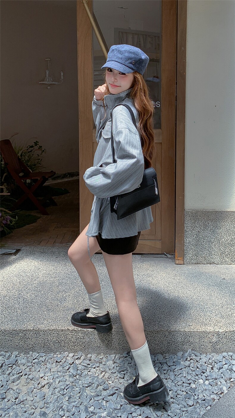 休闲收腰条纹立领外套女春秋2025新款小个子百褶上衣流行爆款漂亮,女装短外套,1C071-1