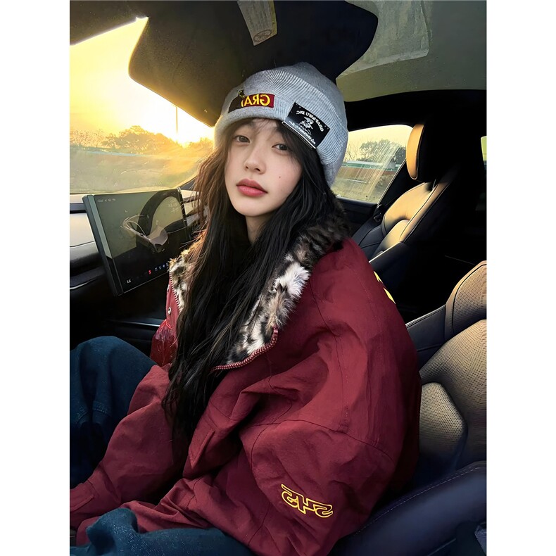 美式豹纹红色工装棉服男女冬季加厚座山雕外套棉衣本命年毛领棉袄,男装棉衣,星座506A