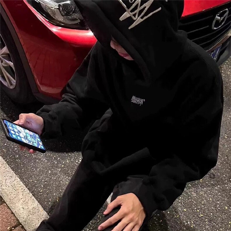 刺绣美式复古字母连帽卫衣男款春秋季宽松休闲情侣装外套帅气上衣,女装短外套,四季星座505