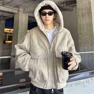 冬季保暖连帽棉服男宽松复古大理石座山雕外套潮图片