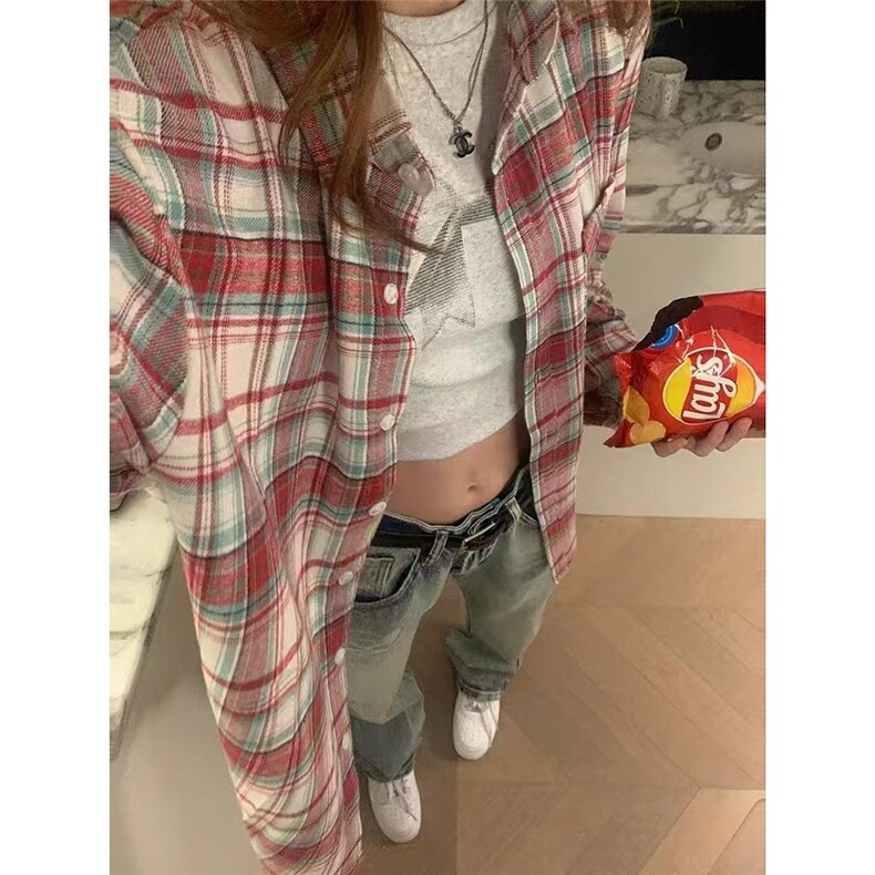 美式复古格子衬衫女款春秋2025新款设计感小众小个子防晒外套上衣,男装防晒衣,星座506A