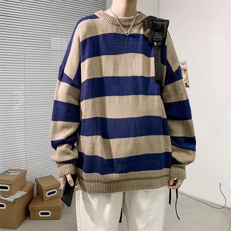 小众毛衣男ins复古圆领针织衫秋季条纹慵懒风情侣毛衣1274-P42,男装针织衫/毛衣,星座910-5