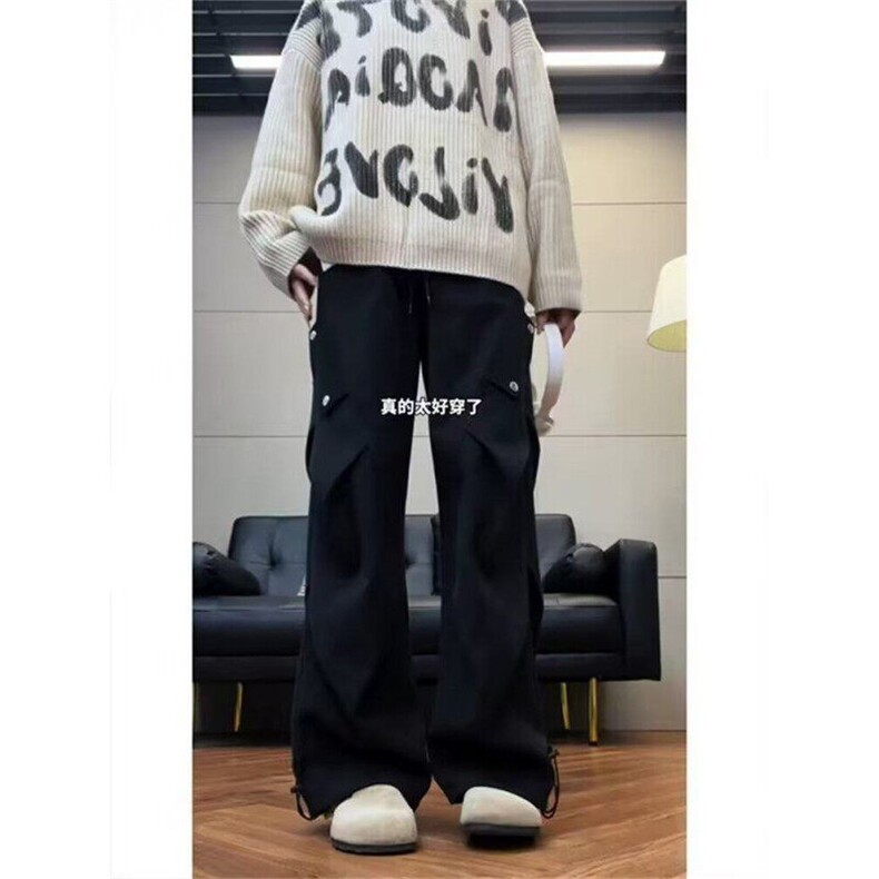 W9591-P48网图现货美式复古工装裤褶皱宽松阔腿直筒裤休闲裤,男装工装外套,星座1608-2