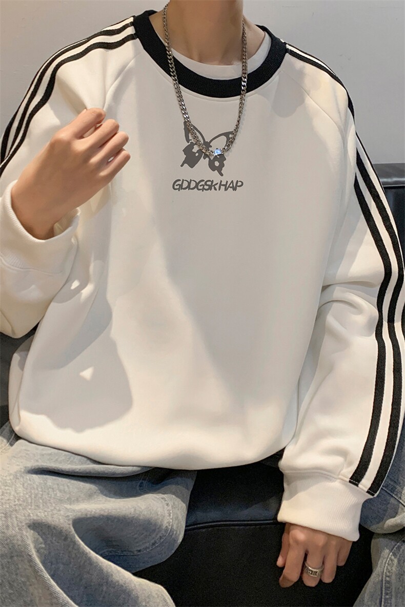秋季内景ins蝴蝶条纹圆领卫衣男女潮宽松上衣WY00224/P45加绒P50,男装卫衣,电商B316