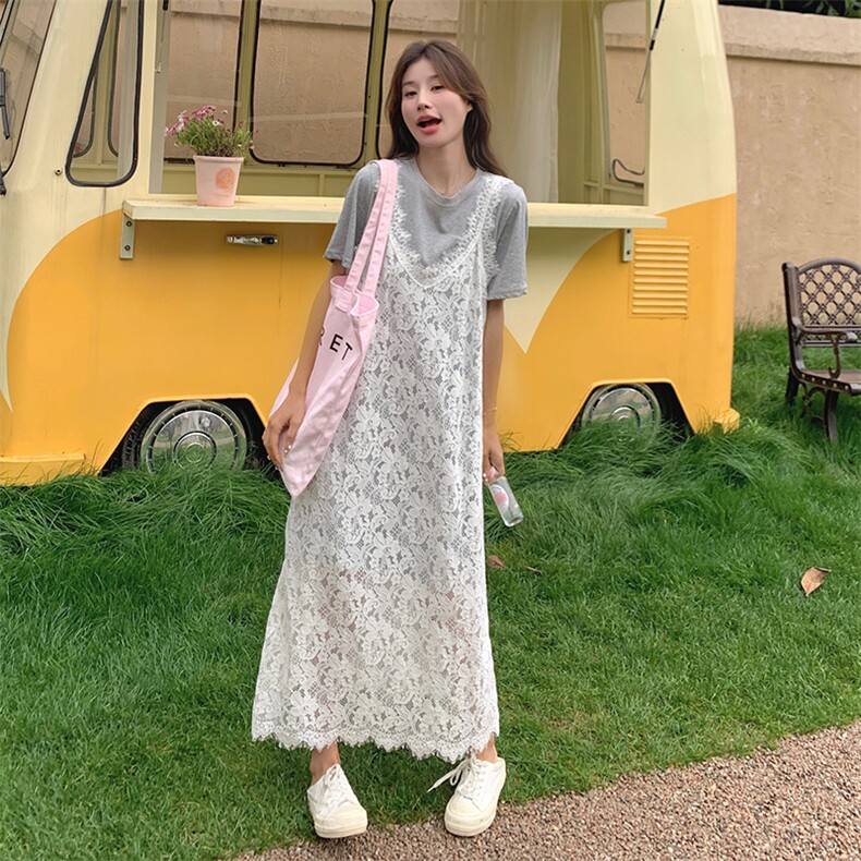 蕾丝吊带罩衫叠穿连衣裙女2025新款夏装穿搭一整子,女装连衣裙,维壹