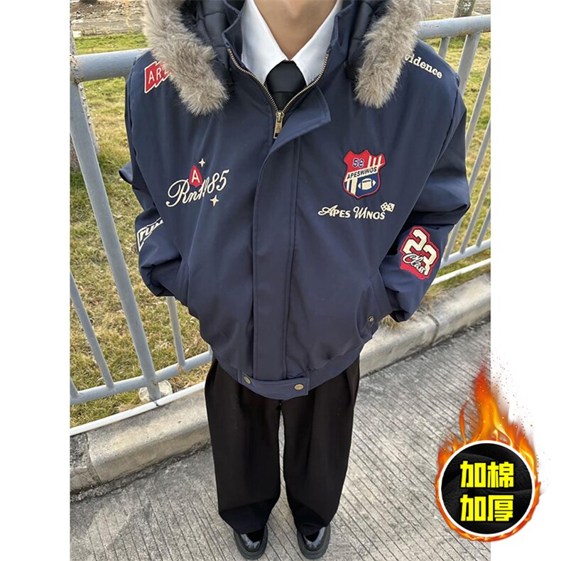 现货高品质美式高街重磅刺绣座山雕大毛毛领棉衣男女加厚棉服外套,男装棉衣,电商A486