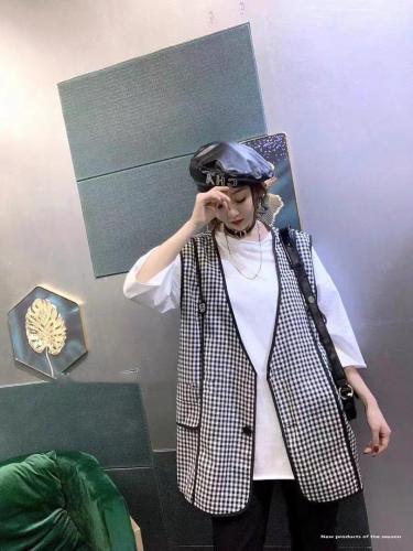 AX9601欧洲站夏季新款宽松BF风短袖T恤+格子马甲两件套,女装T恤,L·H·X