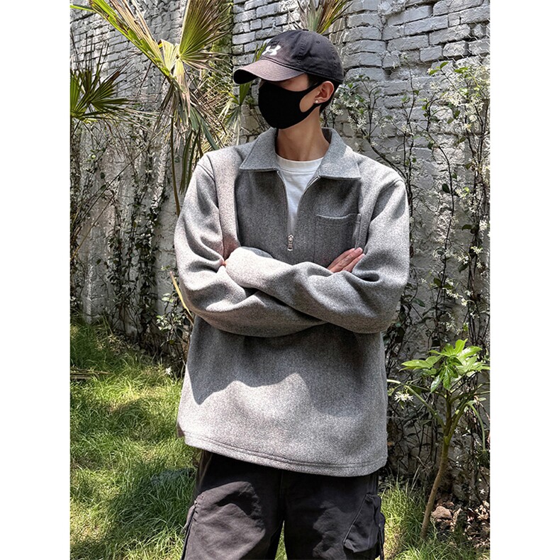 简约风格高级感休闲上衣翻领半拉链毛呢触感卫衣HY801P45控78,男装卫衣,电商A102B