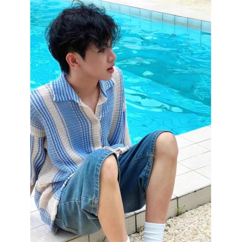 欧美硬汉镂空针织开衫男高级感宽松冰丝衬衣凉薄透气条纹衬衣外套图片