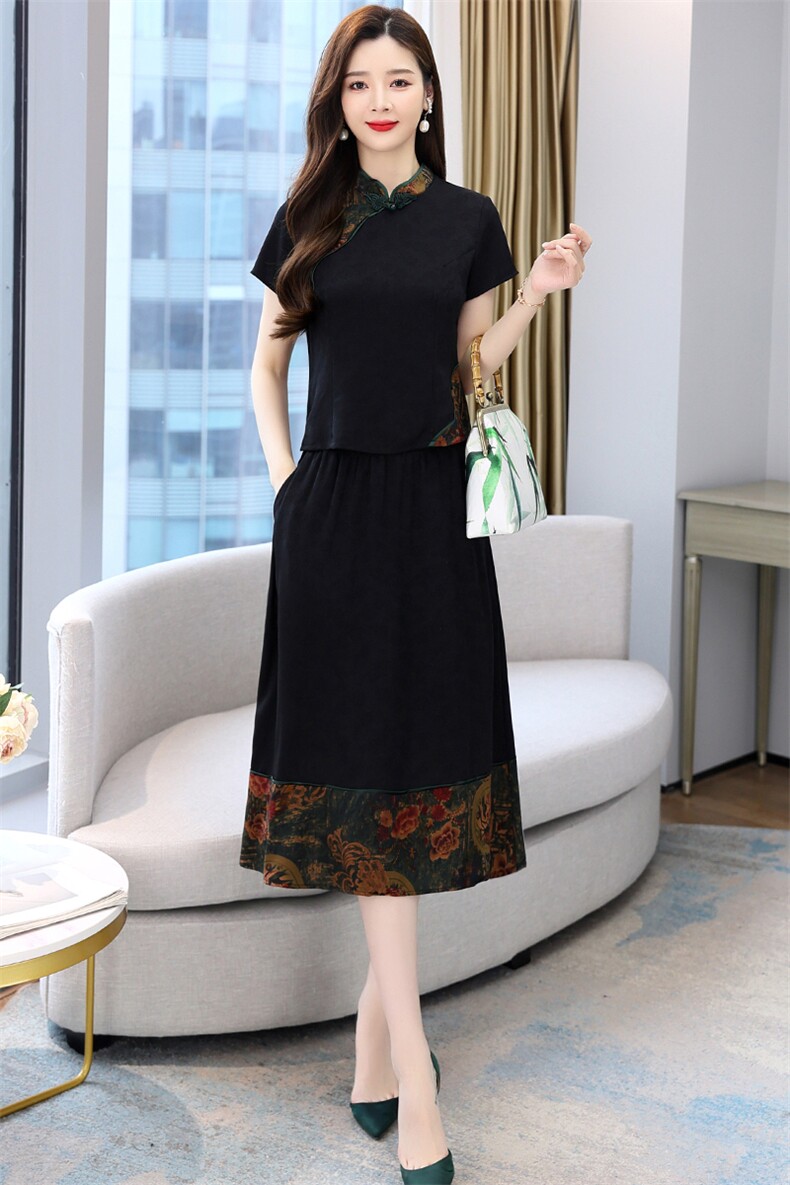 现货香云纱仿真丝套装女高端品牌2023夏季新款短袖印花高级减龄轻奢,女装套装/套裙,韩然一族