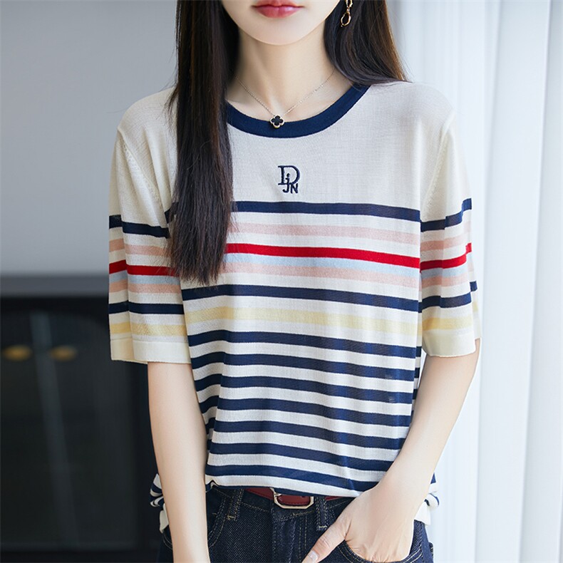 拼色圆领100%莱赛尔天丝针织短袖T恤女刺绣字母半袖宽松打底上衣,针织衫/毛衣,郡淞羊绒