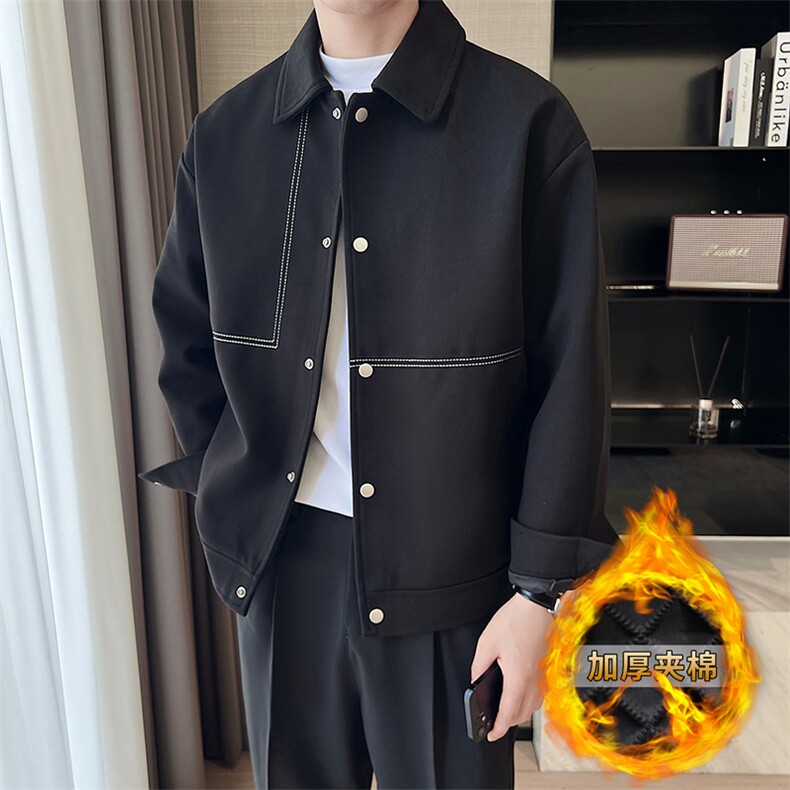 轻熟小伙高端呢子拼皮宽松外套大衣夹克男A236-JK5037加棉-P140,男装夹克,电商A236