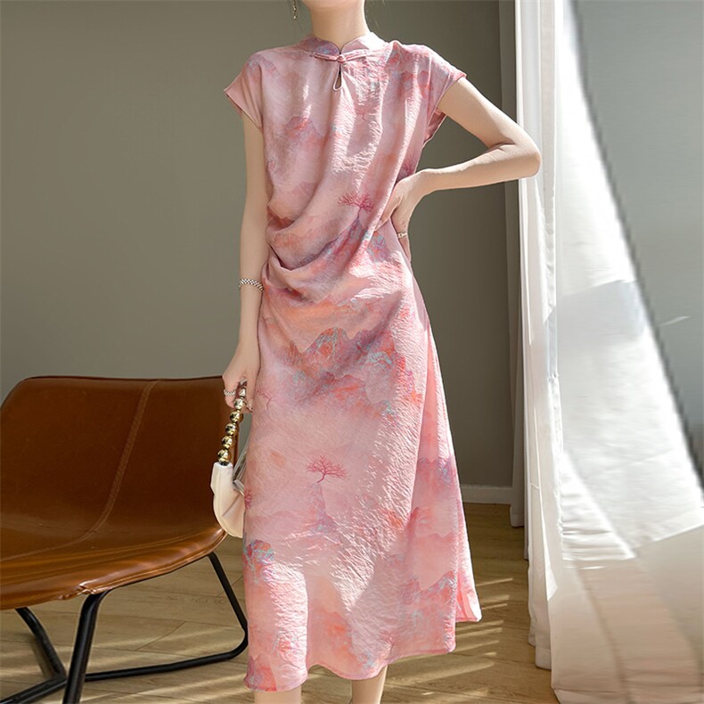 天丝棉新中式长款改良旗袍2025夏季新款女士国风复古显瘦连衣裙，女装汉服/婚纱/旗袍/礼服，圣丽羊绒