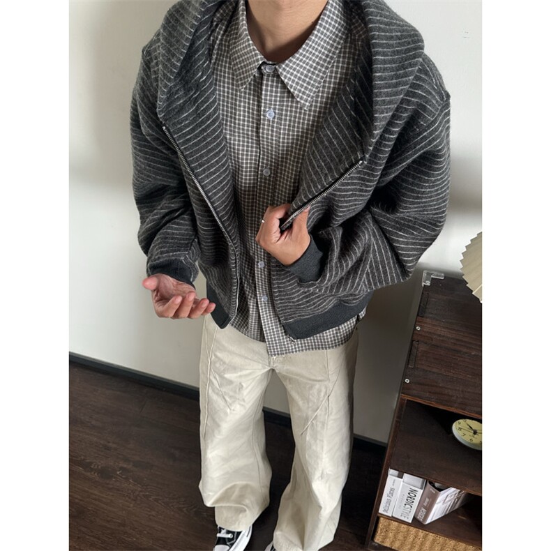 网图条纹连帽拉链外套男2026新款设计感宽松美式开衫卫衣特P68,女装短外套,电商C306-1