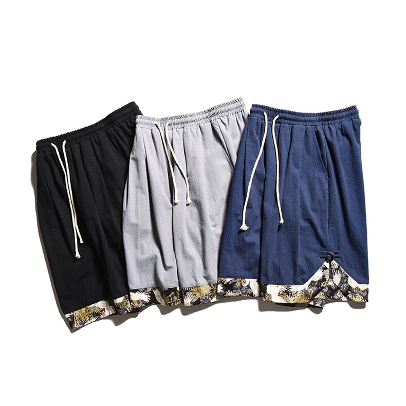 2025春季风新款原创拼接腾云野鹤盘扣休闲短裤灰色DK91-P45，男装牛仔裤，电商B277A（原A068）