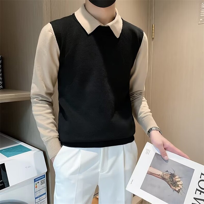 男士休闲长袖衬衫春秋季外穿针织衫修身潮翻领假两件毛衣S575,男装针织衫/毛衣,星座1116A-2（原606A-1）