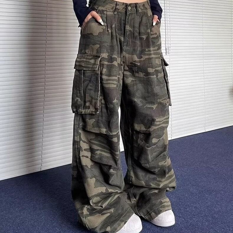 美式高街复古多口袋迷彩牛仔裤女潮牌街头直筒堆积感长裤子,男装牛仔裤,星座218-8