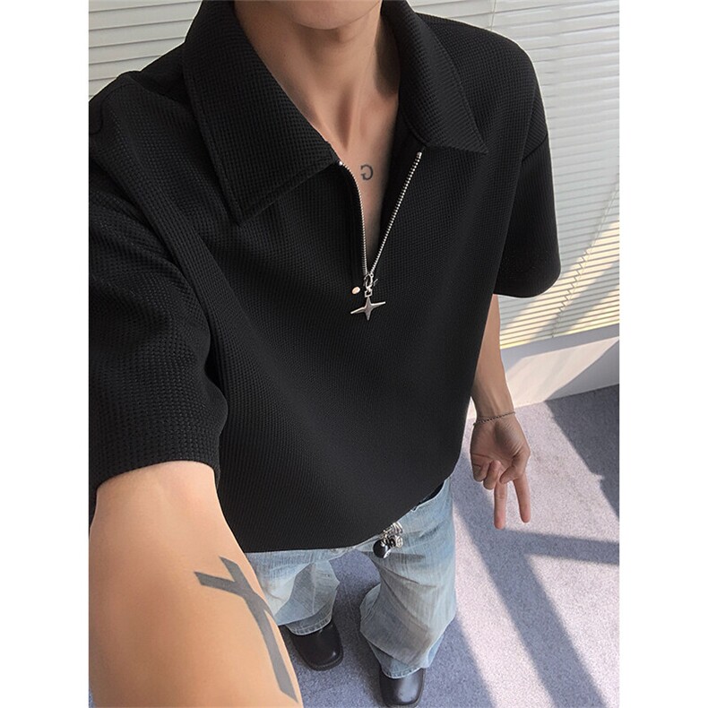 半拉链华夫格短袖t恤男夏季潮牌宽松大码翻领polo衫潮流休闲半袖,男装T恤,电商A001-1