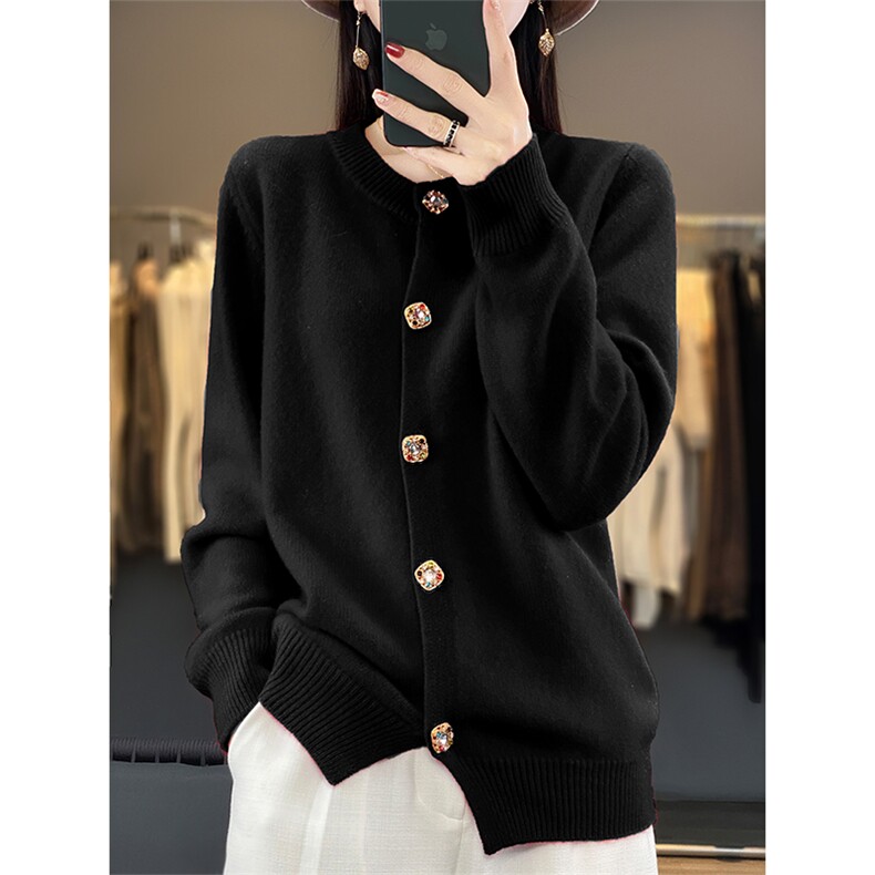 秋冬款100%纯羊毛开衫女圆领钻石扣气质毛衣宽松针织羊绒外套上衣，女装羊毛衫，隆格羊绒