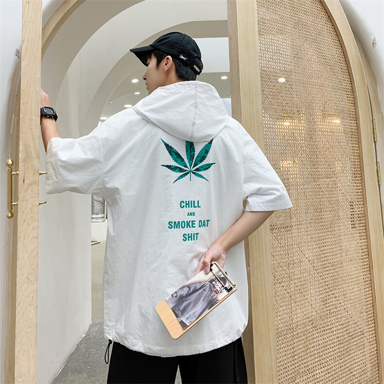 套头情侣短袖树叶印花连帽宽松男士半袖防嗮外套短袖T恤衫T55,男装T恤,电商A020
