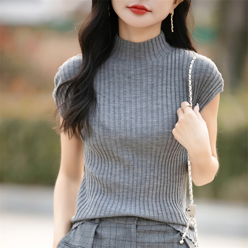 法式半高领针织短袖女T恤连肩小飞袖修身显腰身春秋紧身内搭打底,针织衫/毛衣,佳绒包芯纱店