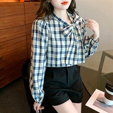 春季长袖内搭纯棉衬衣蝴蝶结格子衬衫小众上衣，女装衬衫，美吧服饰
