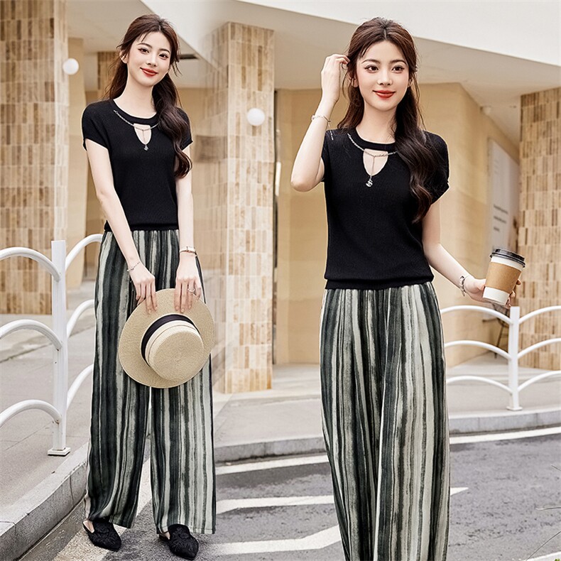 时尚气质休闲冰丝套装女2024夏新款网红炸街高腰条纹阔腿裤两件套，女装套装/套裙，央宝儿