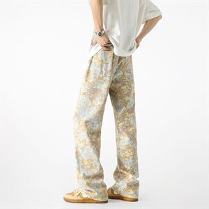 黄色扎染设计感直筒牛仔裤男迷彩裤晕染花色 XZ201- S202 P45图片