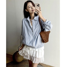 WE2003-P64欧若风蓝白条纹翻领外套，女装短外套，电商B323A