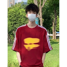 抖音得物高品质二开240克宽松纯棉美式潮牌三条杠织带短袖T恤，男装T恤，电商A486-1